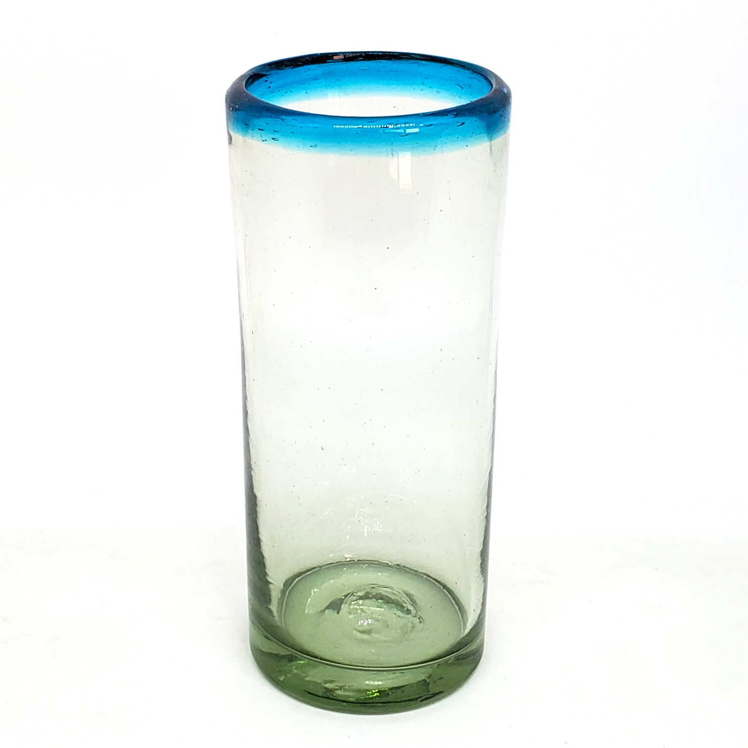 VIDRIO SOPLADO / vasos tipo highball con borde azul aqua, 15 oz, Vidrio Reciclado, Libre de Plomo y Toxinas